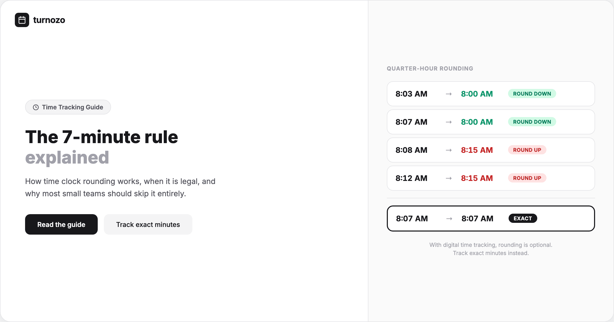 Visual guide showing how the 7-minute time clock rounding rule works with examples