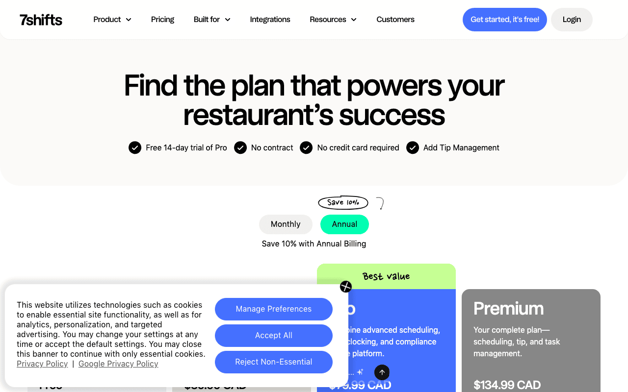 7shifts pricing page, February 2026