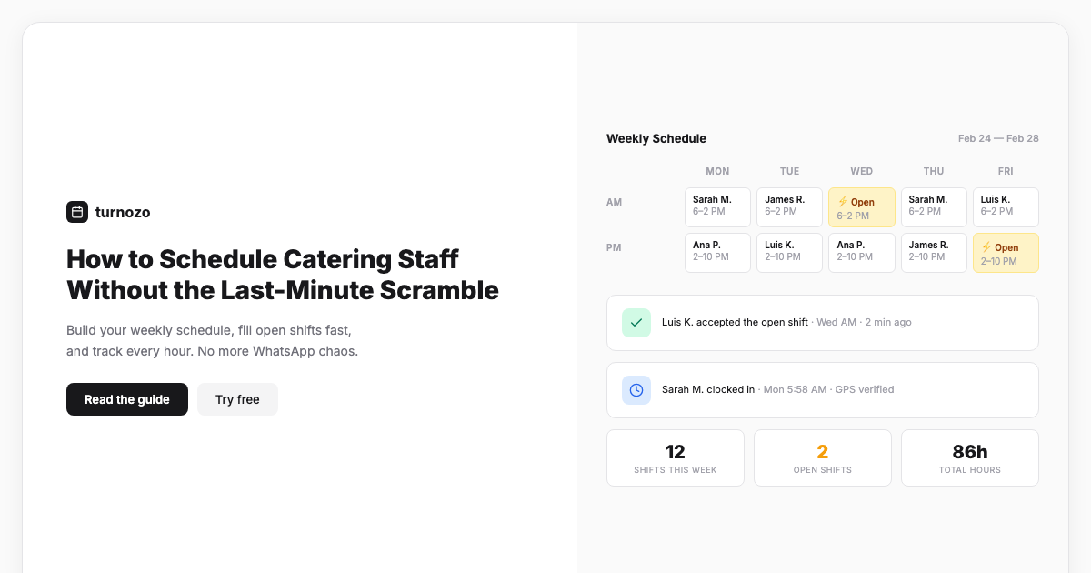 An event staffing dashboard showing upcoming catering events with confirmation status