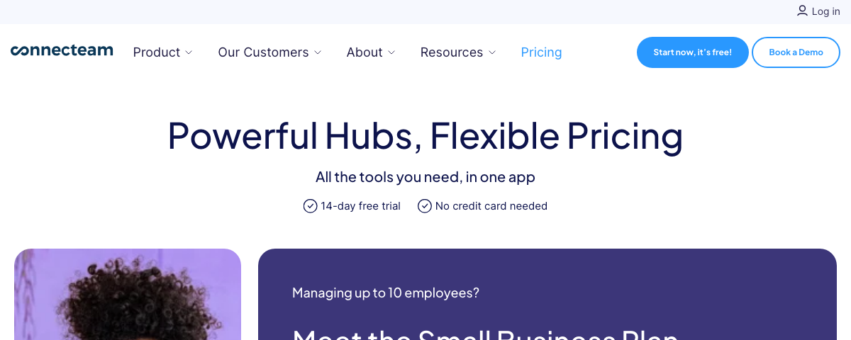 Connecteam pricing page showing hub-based pricing structure