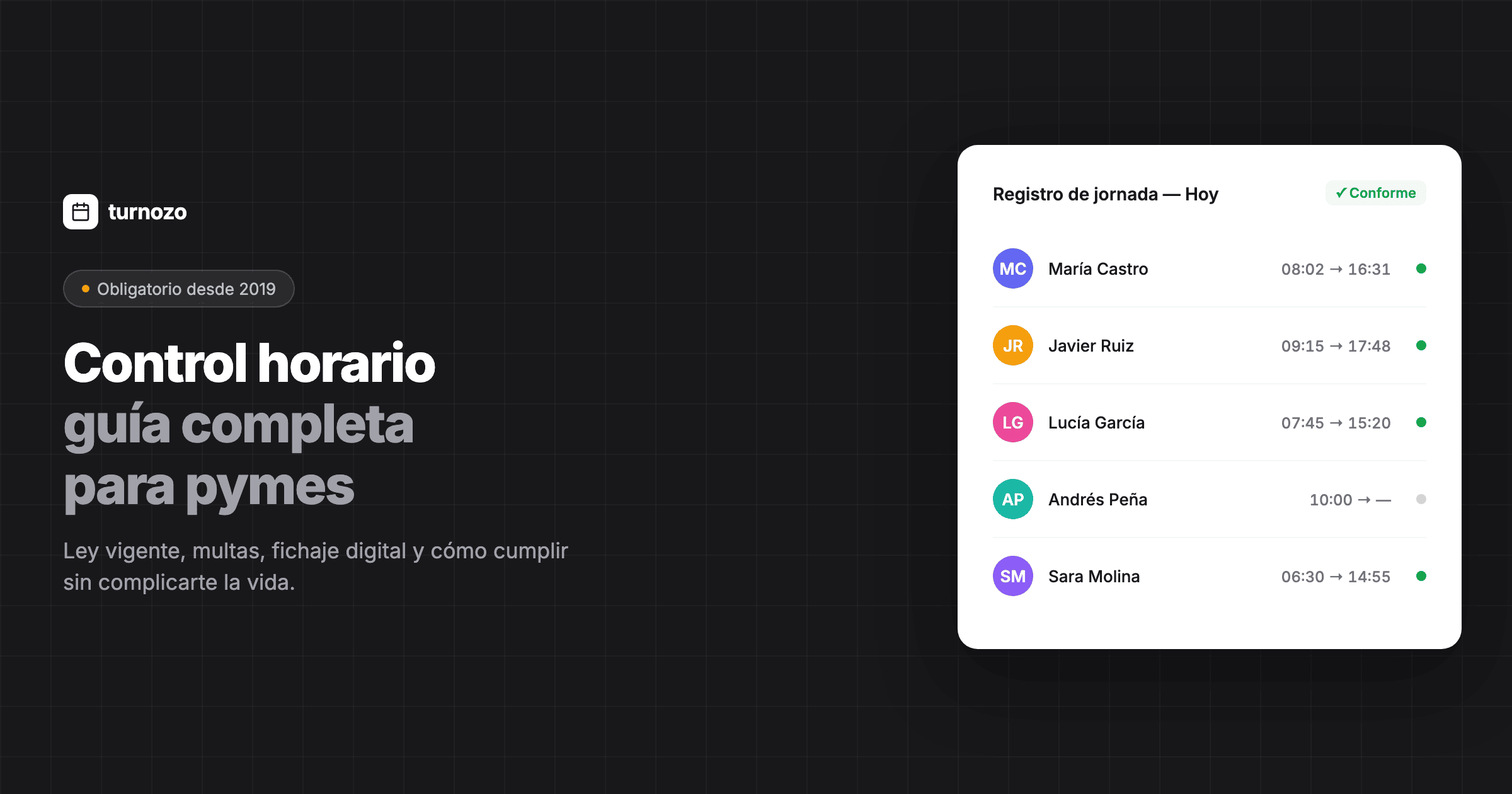 Pantalla de registro de jornada con fichaje de entrada y salida