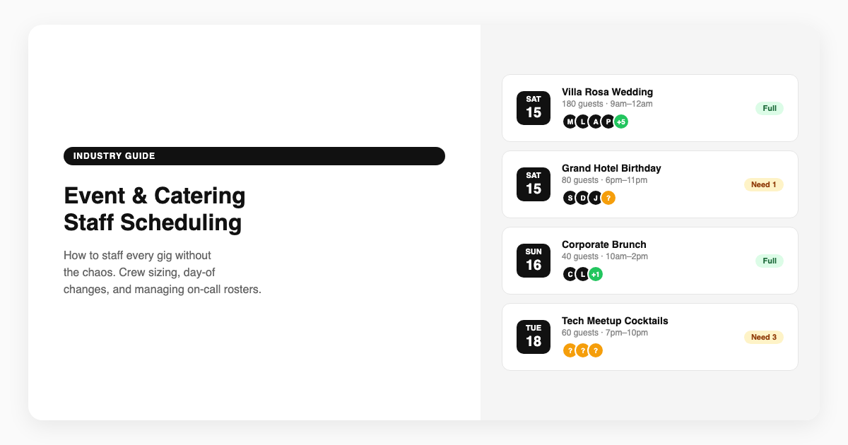 Weekly event staffing board showing crew assignments across multiple venues