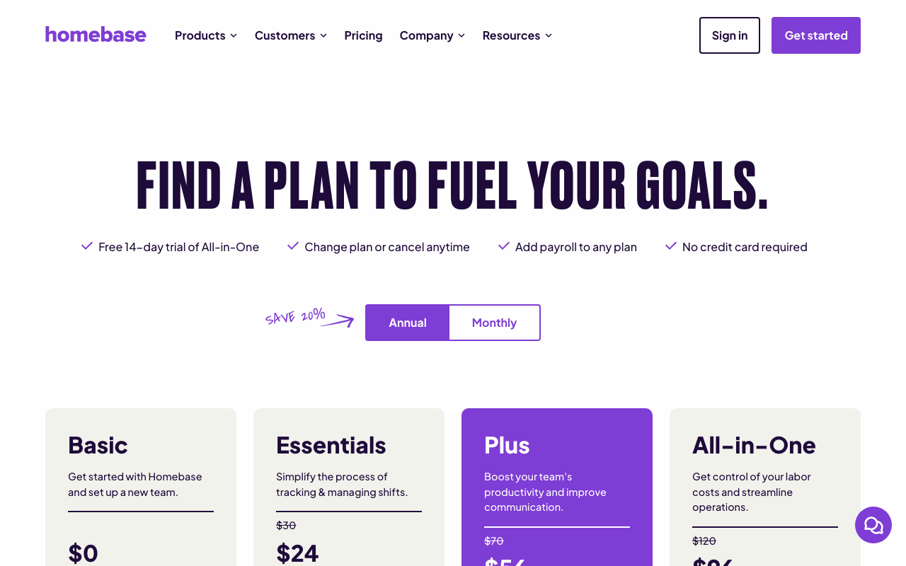 Homebase pricing page, February 2026