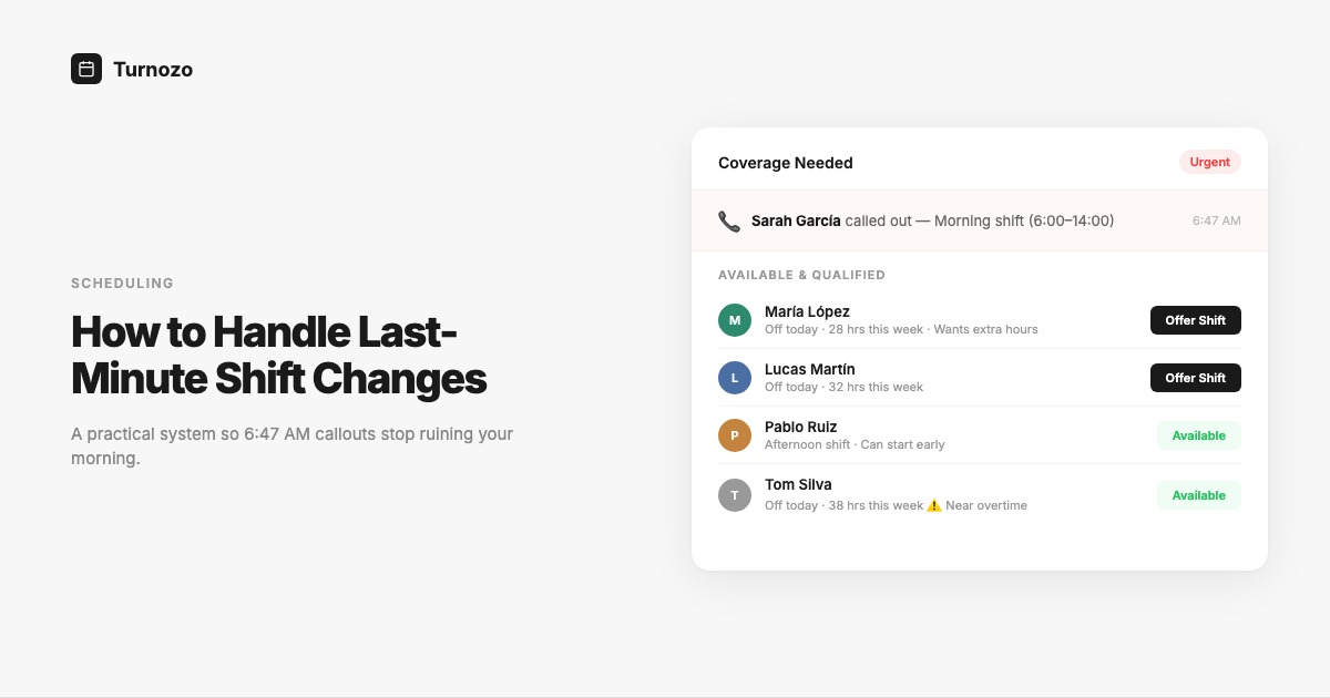 A phone notification showing a shift change alert with available employees listed