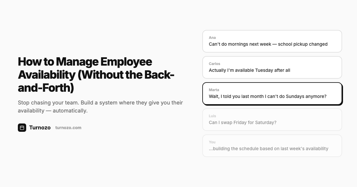 Employee availability calendar with staff scheduling conflicts highlighted