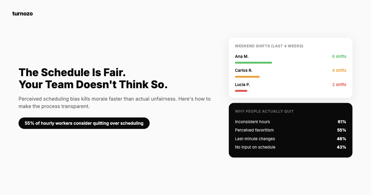 A split image showing two employees looking at the same schedule with different reactions