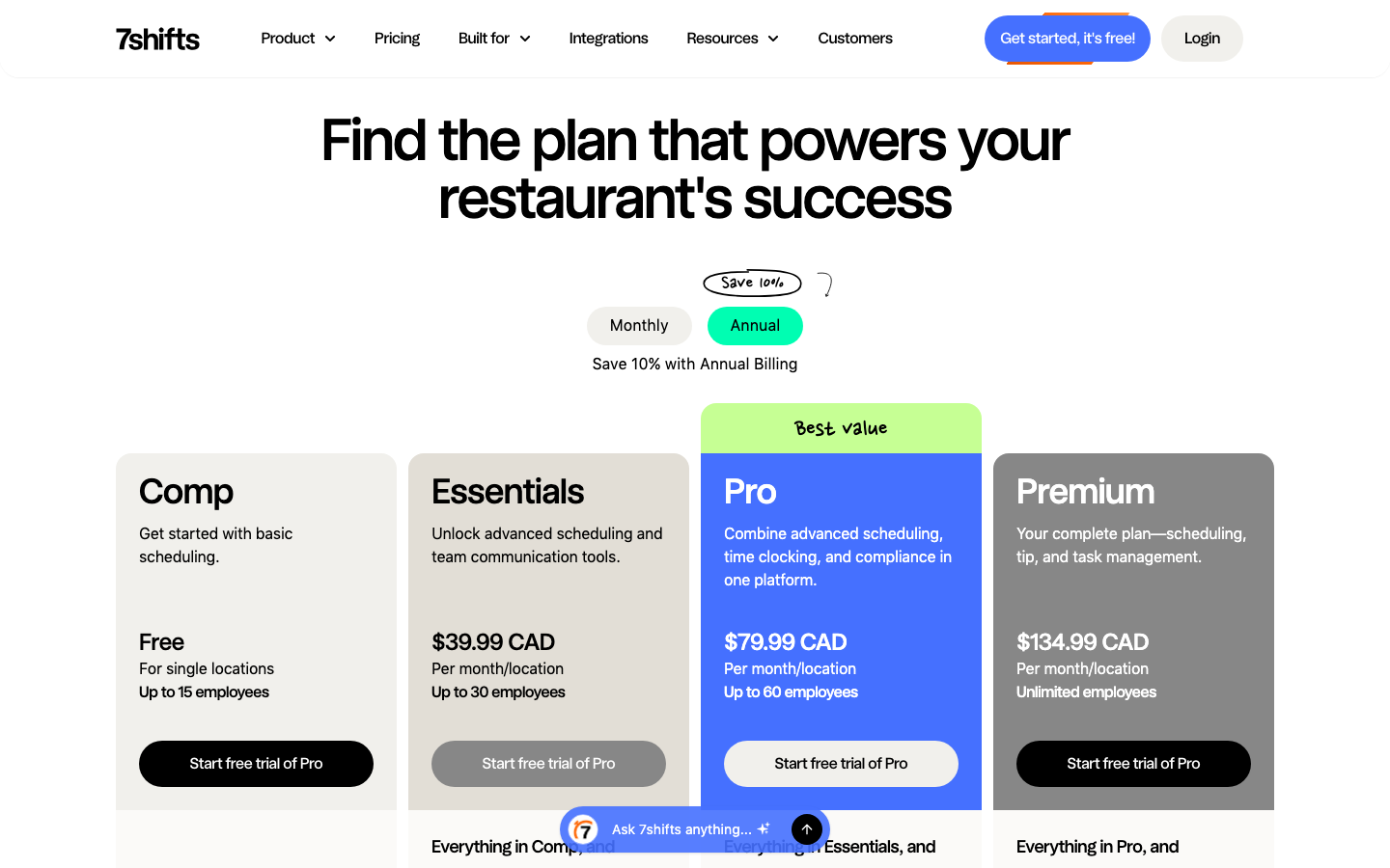 7shifts pricing tiers: Comp (free), Essentials $39.99, Pro $79.99, Premium $134.99 per location per month