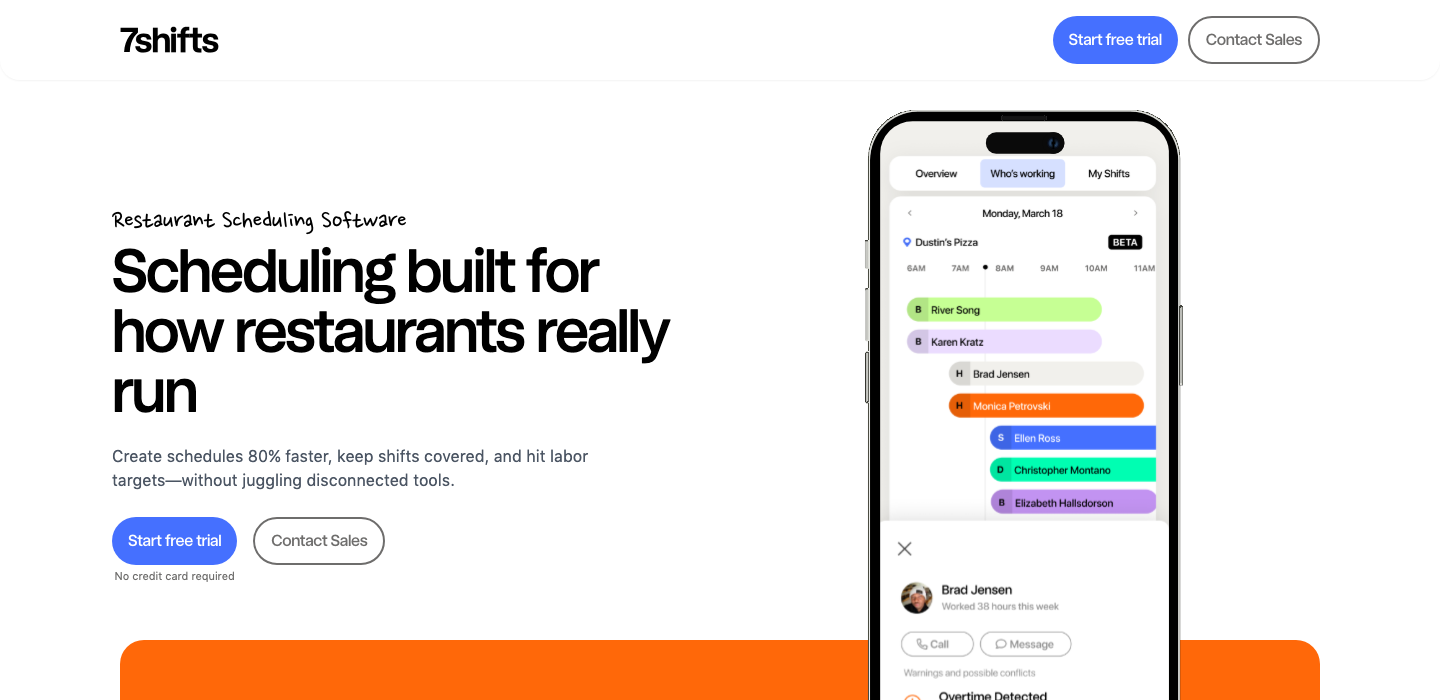 7shifts scheduling interface with shift assignment, employee names, and overtime alerts on mobile