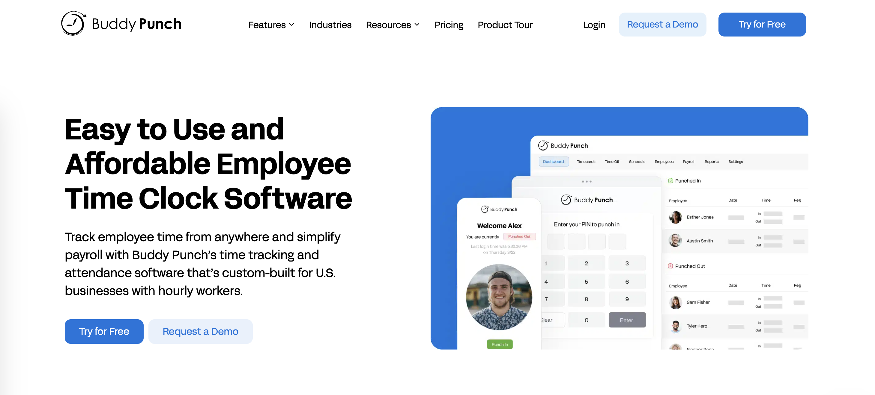 Buddy Punch homepage showing employee time clock software, scheduling, and punch-in interface