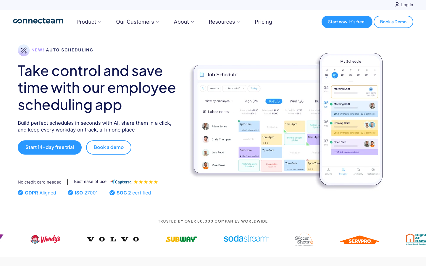 Connecteam scheduling interface with weekly grid and mobile app