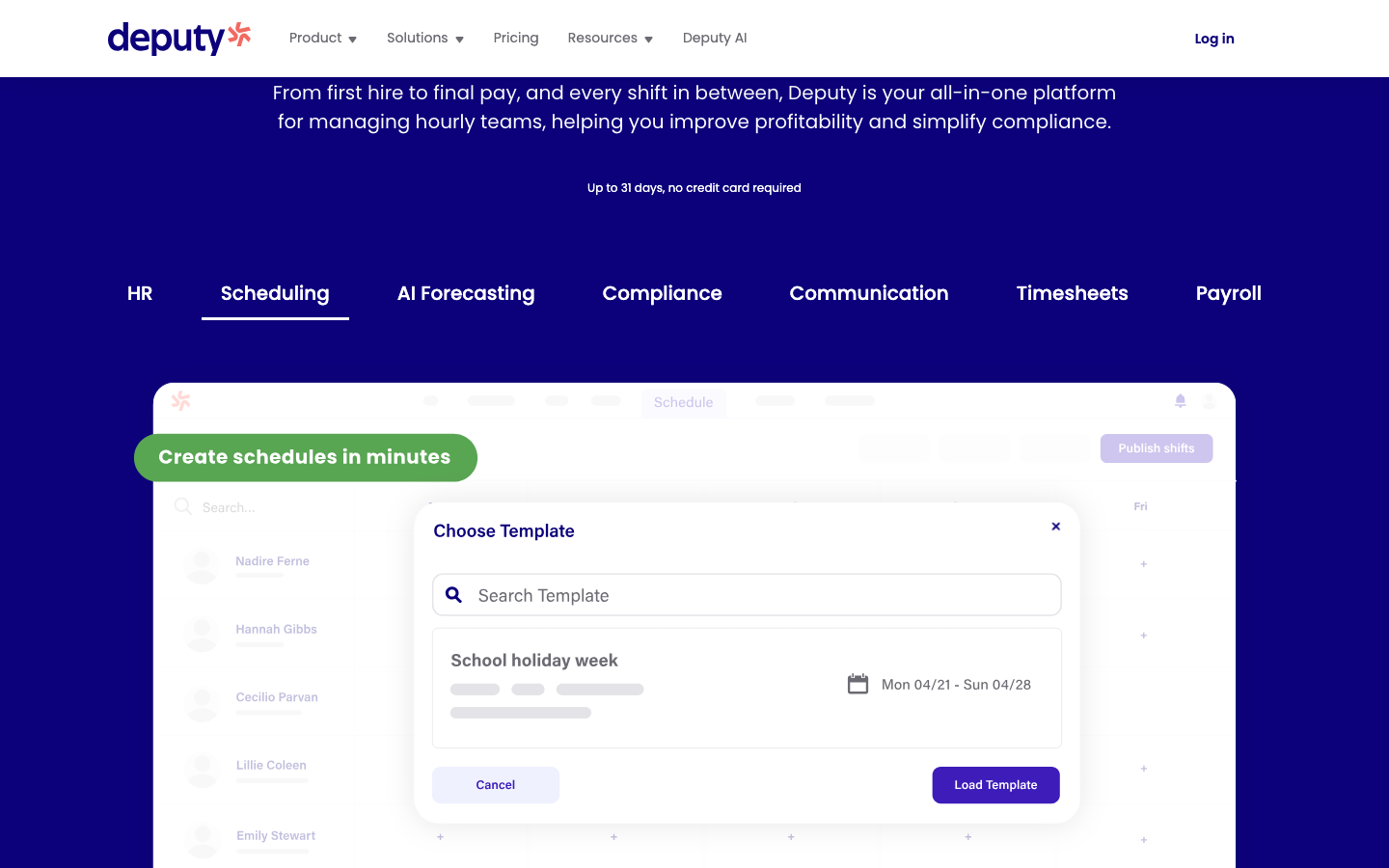 Deputy scheduling grid with template modal