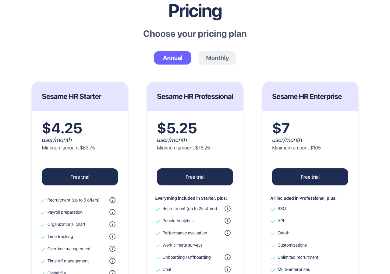 Sesame HR: pagina de precios