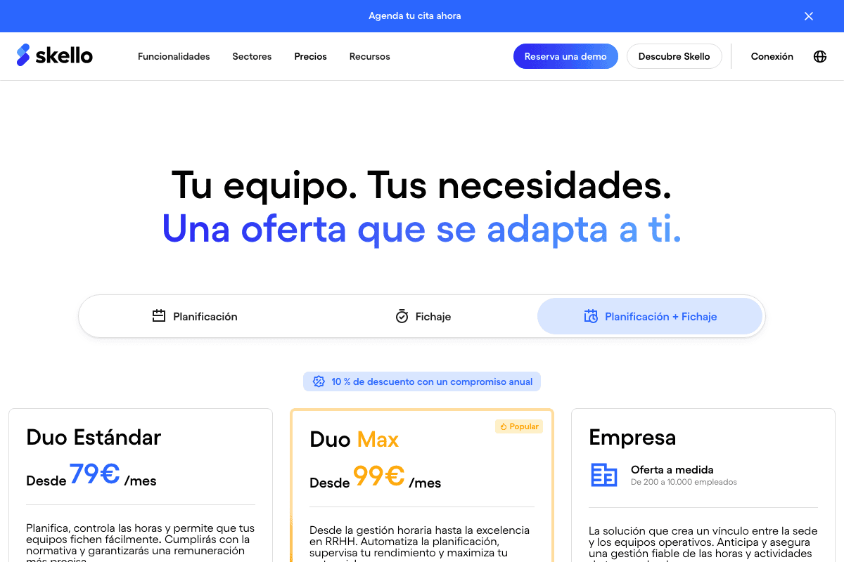 Página de planes de Skello