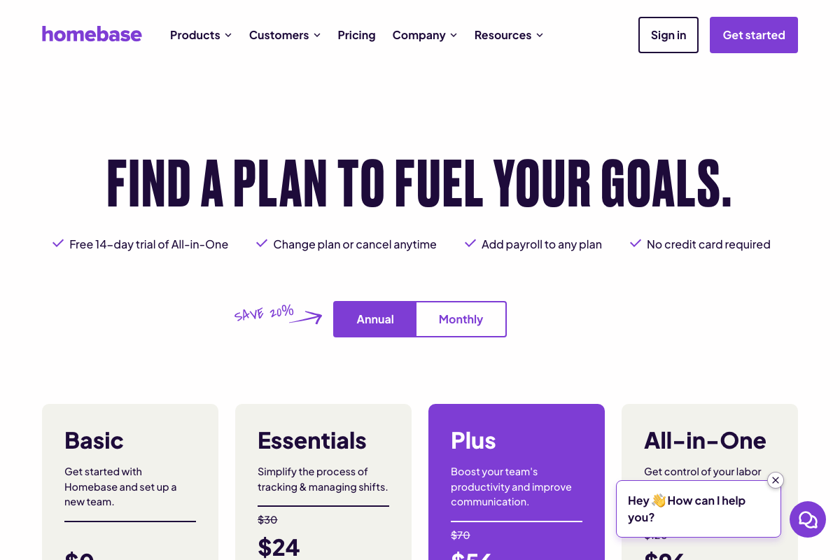 Homebase pricing page
