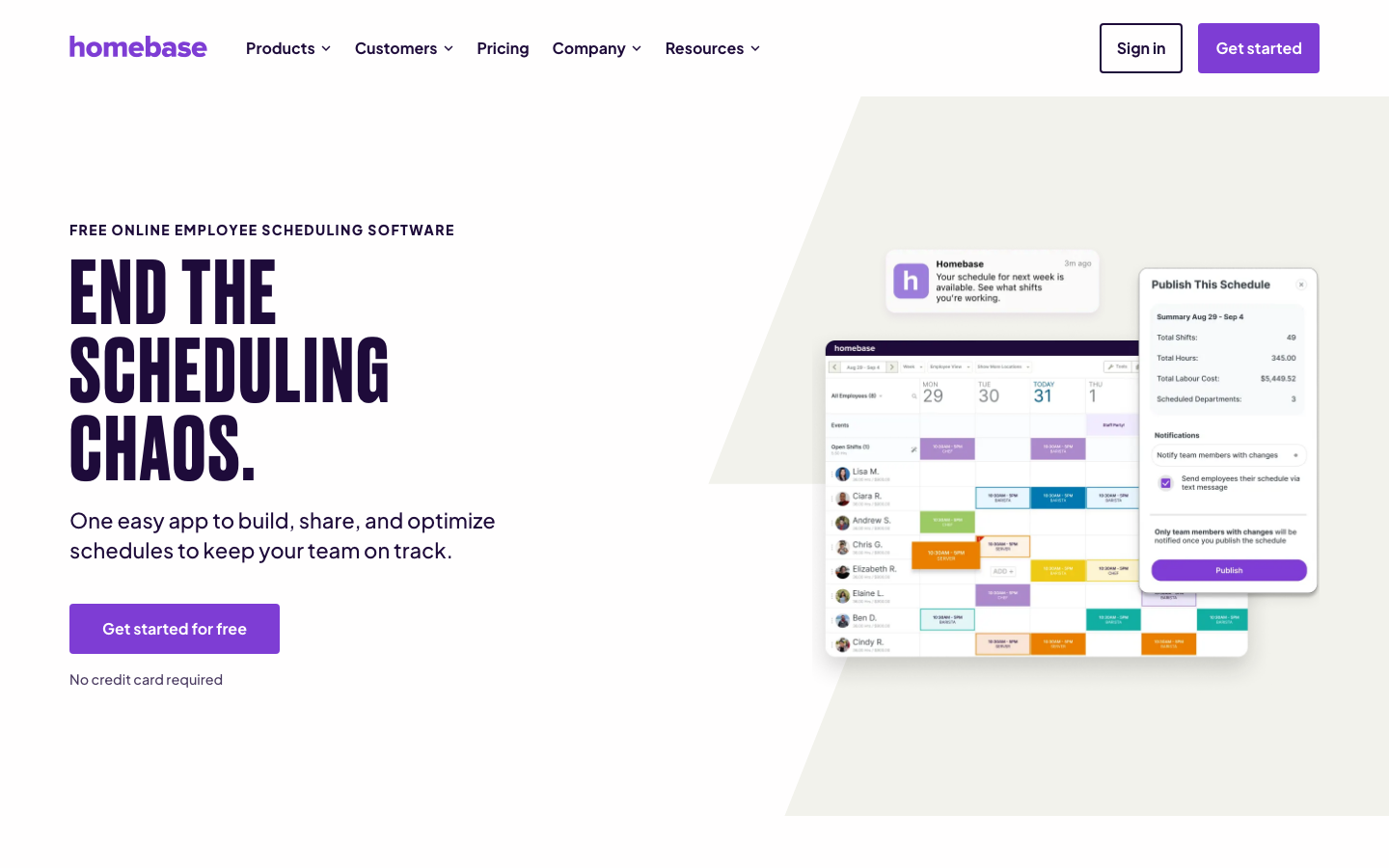 Homebase scheduling interface with shift blocks and publish modal