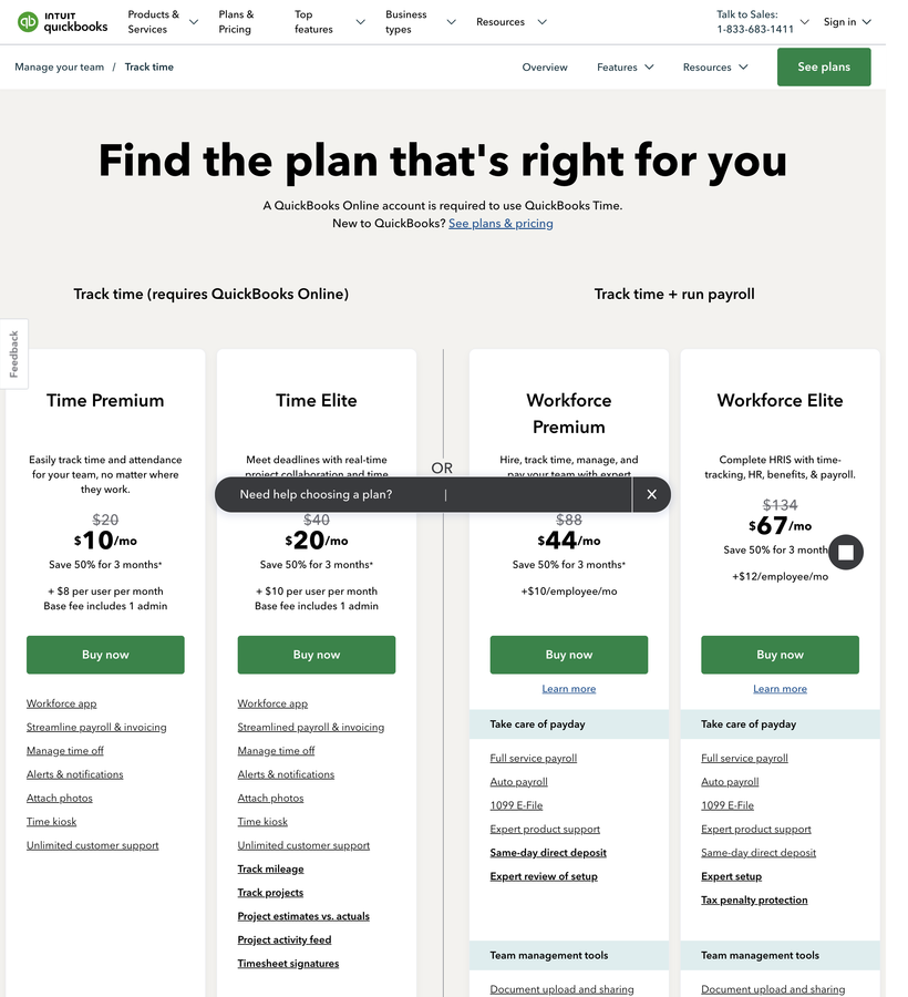 QuickBooks Time pricing page showing Time Premium, Time Elite, and the QuickBooks Online requirement