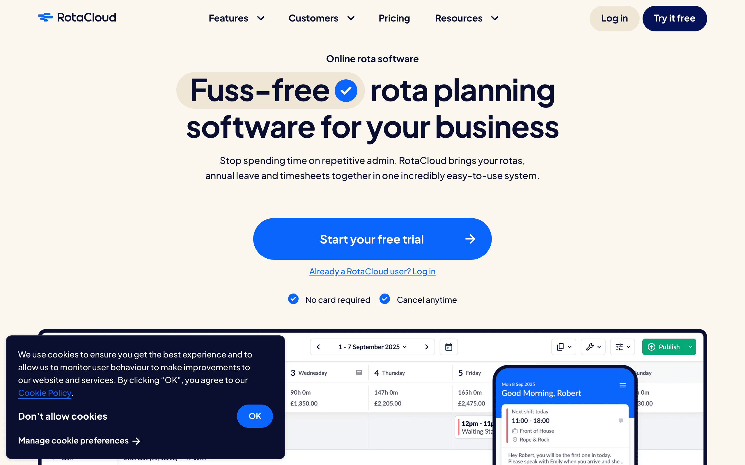 RotaCloud rota software homepage