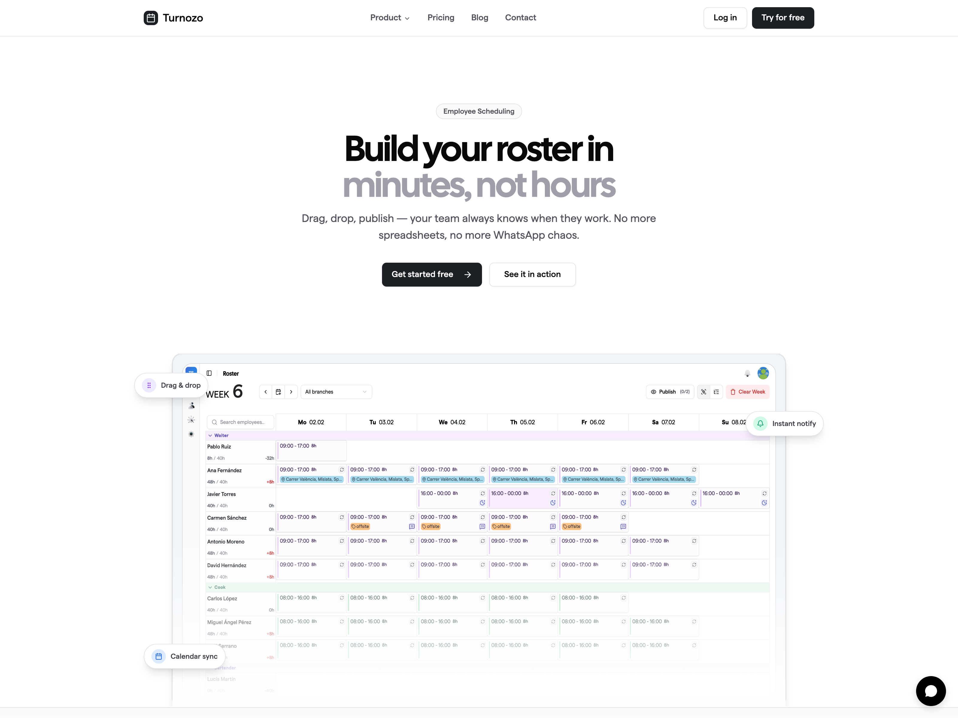 Turnozo scheduling interface showing weekly roster with open shifts, roles, and hours tracking