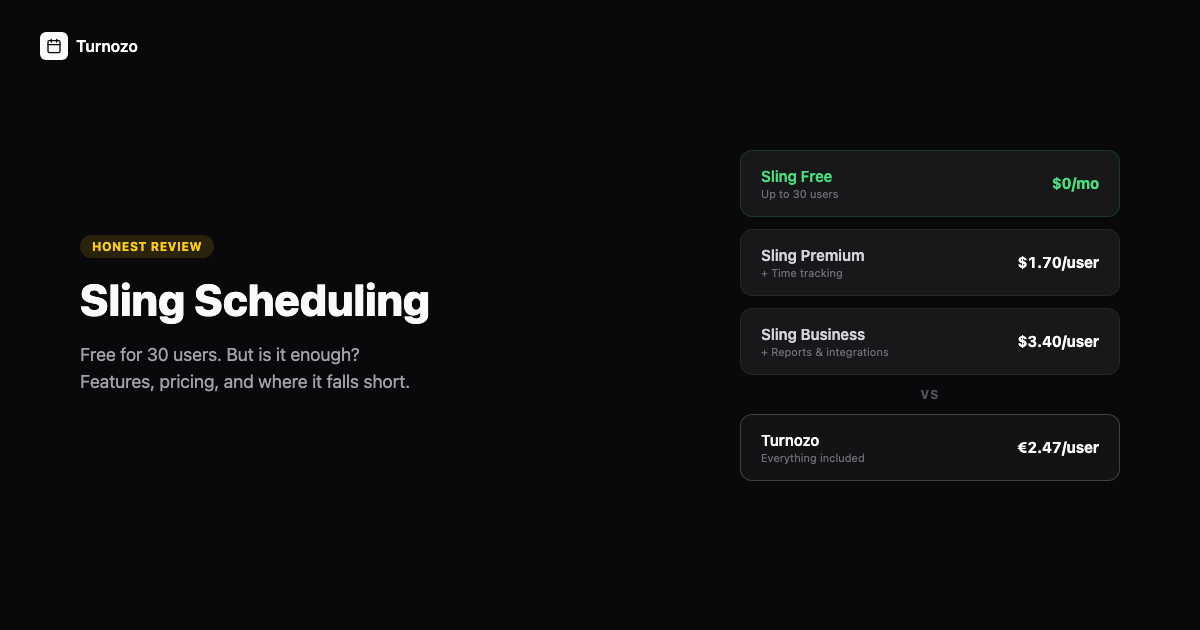 Sling scheduling app review showing pricing tiers and feature comparison