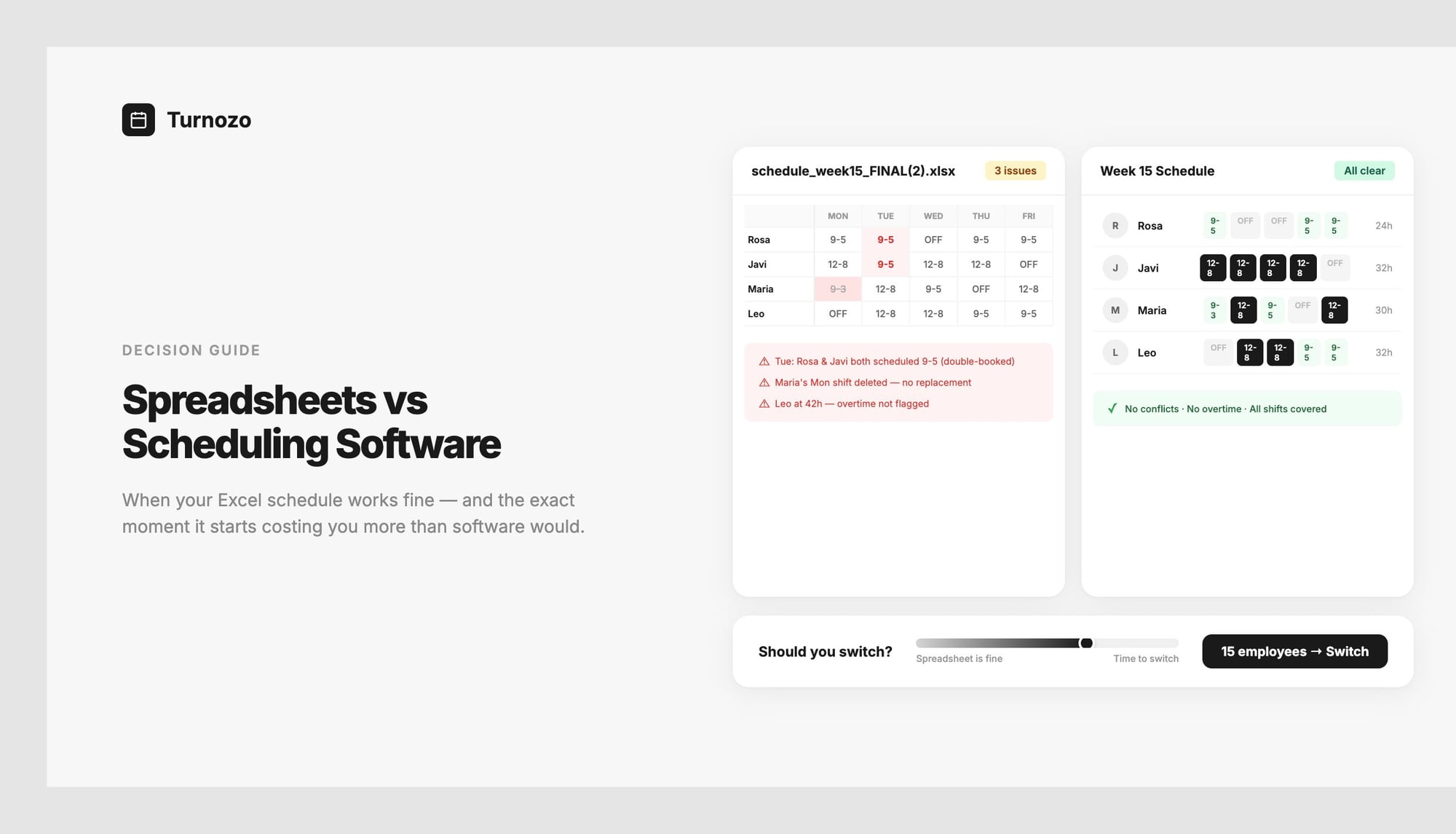 Side-by-side comparison of a messy spreadsheet schedule and a clean scheduling app interface