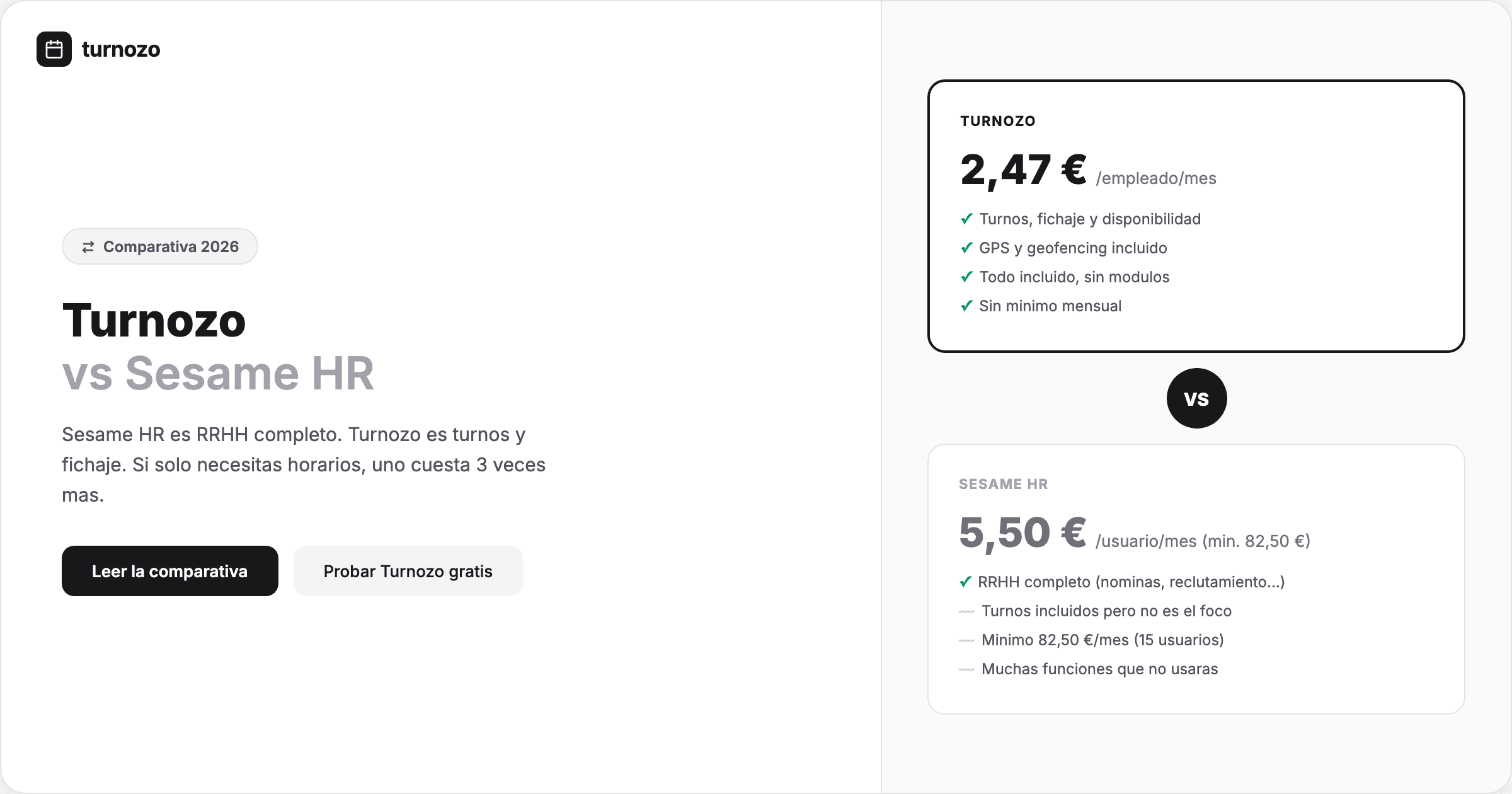 Comparativa de precios y funciones entre Turnozo y Sesame HR