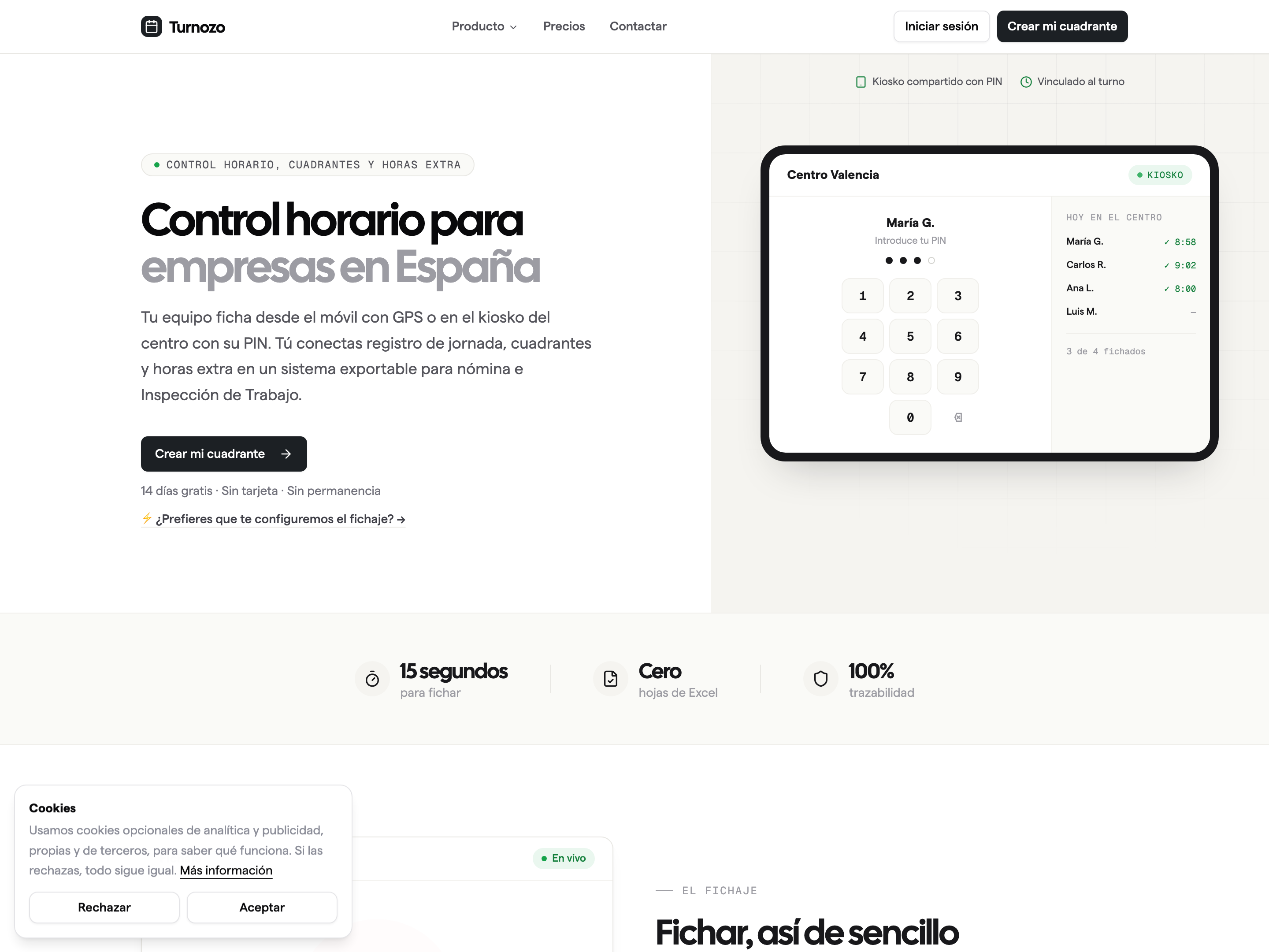 Página española de Turnozo con fichaje móvil y kiosko con PIN